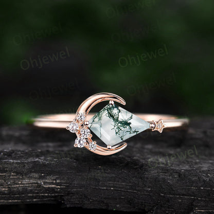 Kite cut moss agate ring vintage cluster diamond ring rose gold east to west moon star engagement ring moissanite unique wedding ring women