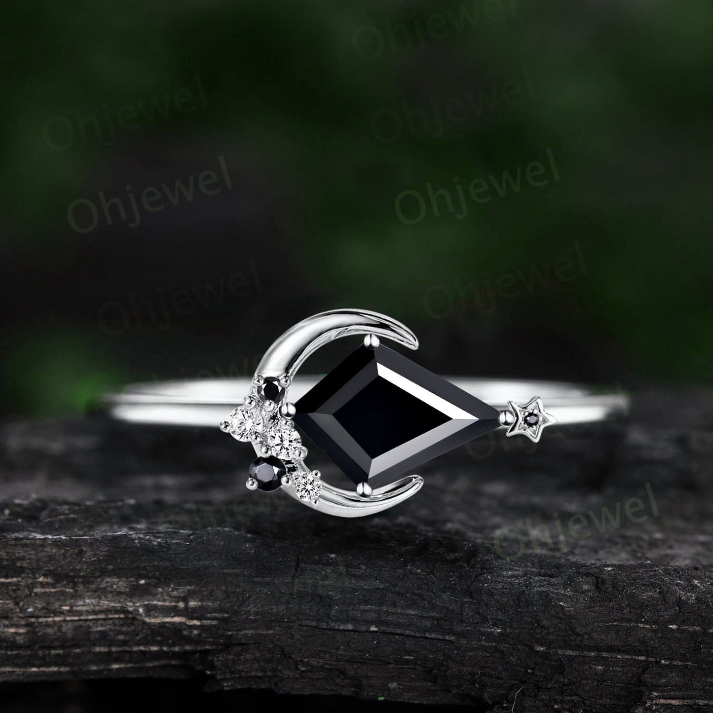 Kite cut black Onyx ring vintage cluster spinel diamond ring 14k rose gold east to west moon star engagement ring unique wedding ring women