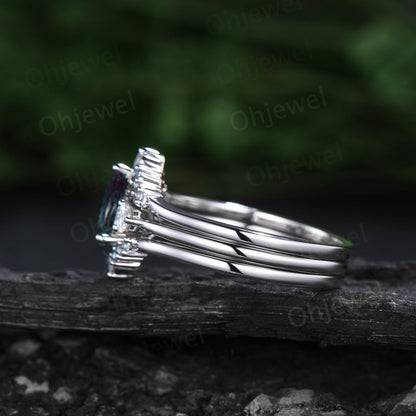Pear shaped aquamarine engagement ring set three stone moissanite sapphire ring women white gold unique bridal wedding ring set jewelry