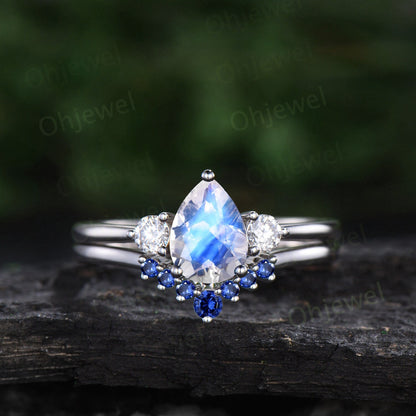 Vintage Pear shaped moonstone engagement ring 14k white gold three stone moissanite ring women sapphire wedding ring set blue gemstone gift