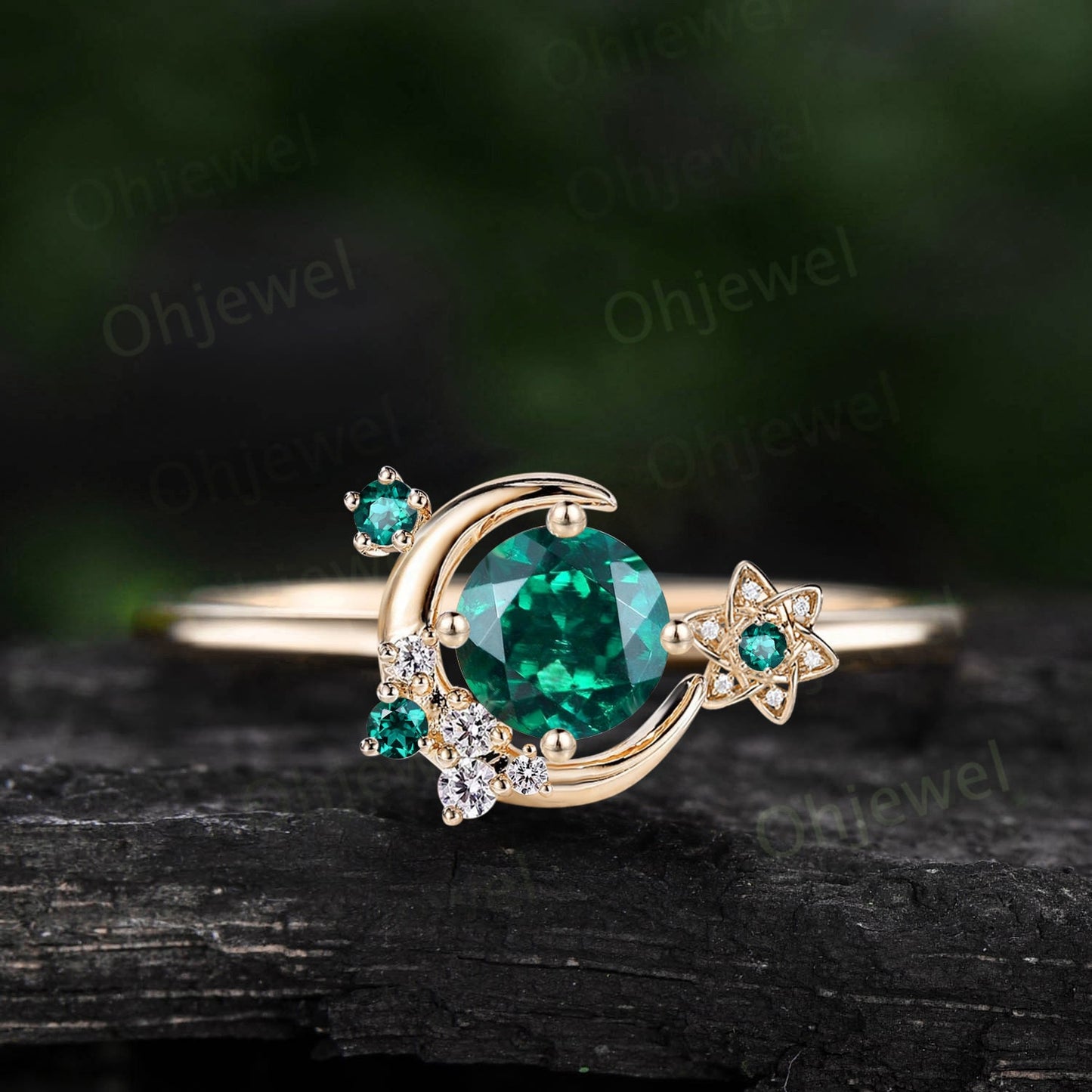 Vintage round green emerald engagement ring solid 14k rose gold cluster moon star diamond ring women flower dainty anniversary ring gift
