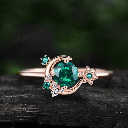Vintage round green emerald engagement ring solid 14k rose gold cluster moon star diamond ring women flower dainty anniversary ring gift