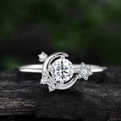 Vintage round cut moissanite engagement ring solid 14k rose gold cluster moon star diamond ring women flower dainty anniversary ring gift