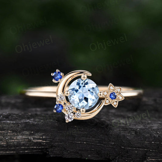 Vintage round Aquamarine engagement ring solid 14k gold cluster moon star sapphire ring women flower dainty unique wedding promise ring gift