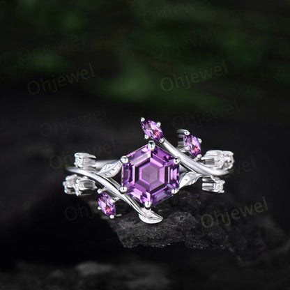 Vintage Hexagon cut amethyst engagement ring rose gold silver cluster diamond ring leaf nature inspired unique bridal wedding ring women