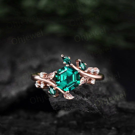 Vintage Hexagon green emerald engagement ring rose gold silver cluster diamond ring leaf nature inspired unique bridal wedding ring women