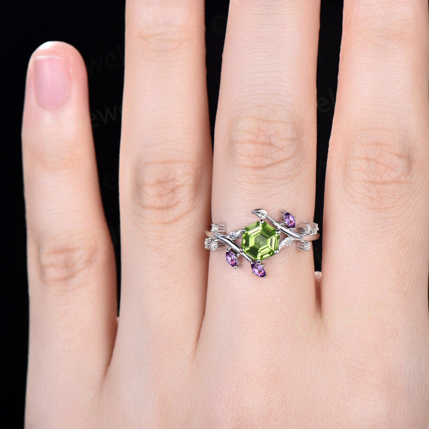 Hexagon peridot ring vintage marquise amethyst ring rose gold leaf nature inspired engagement ring women diamond bridal promise ring her