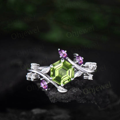 Hexagon peridot ring vintage marquise amethyst ring rose gold leaf nature inspired engagement ring women diamond bridal promise ring her