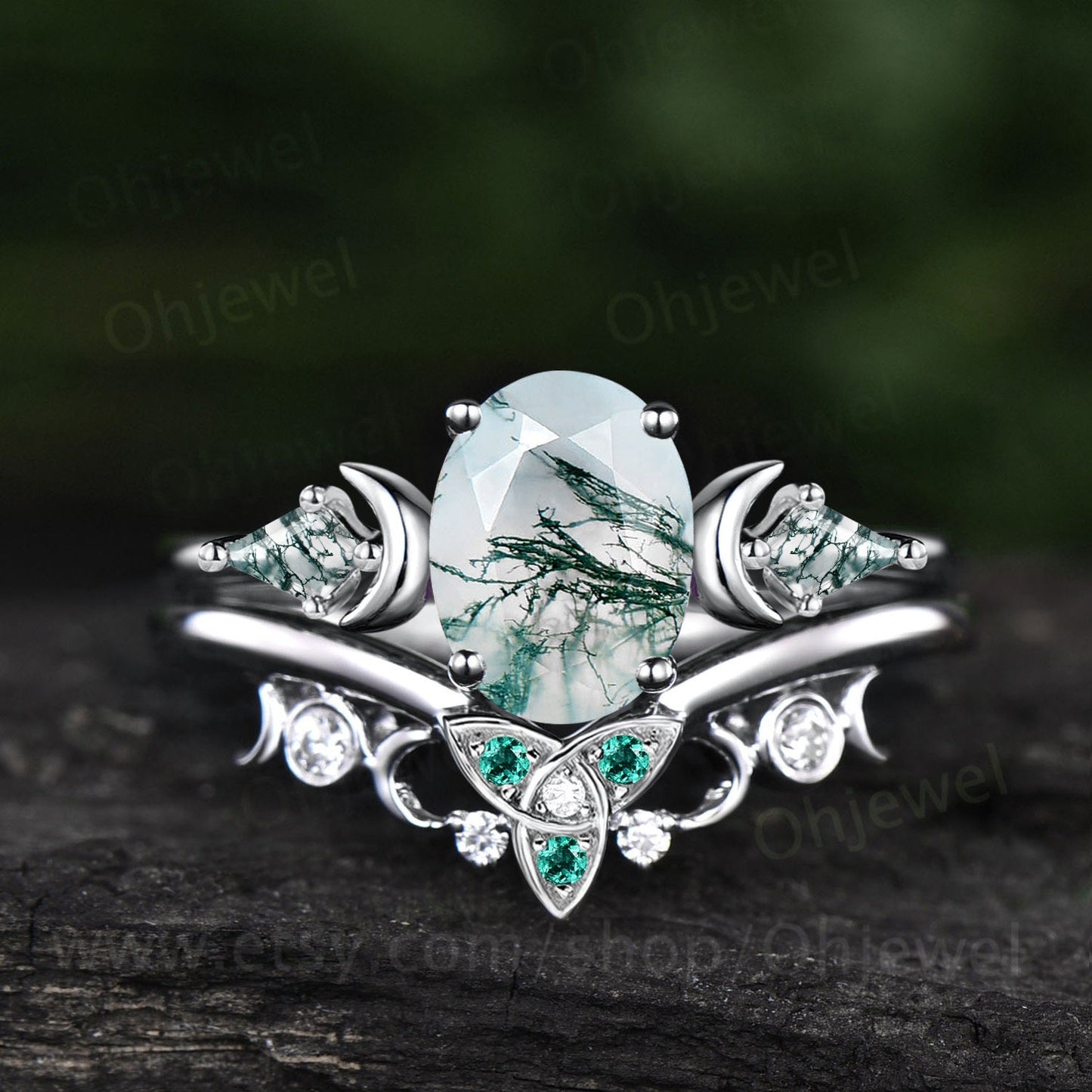 Oval green moss agate ring vintage kite moon unique engagement ring rose gold emerald moissanite anniversary promise wedding ring set women