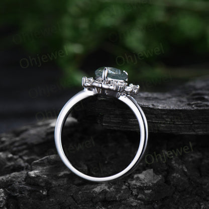 Vintage pear moss agate engagement ring leaf Nature inspired halo cluster diamond ring women 14k white gold branch antique wedding ring gift