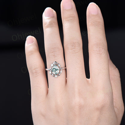 Vintage pear moss agate engagement ring leaf Nature inspired halo cluster diamond ring women 14k white gold branch antique wedding ring gift