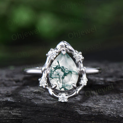 Vintage pear moss agate engagement ring leaf Nature inspired halo cluster diamond ring women 14k white gold branch antique wedding ring gift