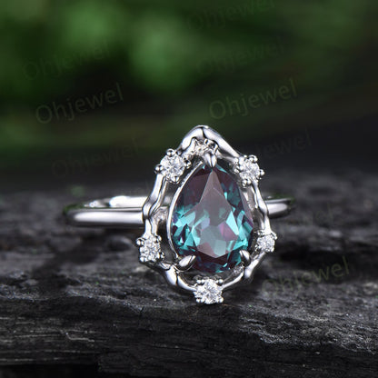 Vintage pear Alexandrite engagement ring leaf Nature inspired halo cluster diamond ring women white gold branch antique wedding ring gift