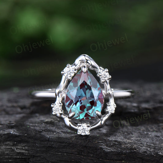 Vintage pear Alexandrite engagement ring leaf Nature inspired halo cluster diamond ring women white gold branch antique wedding ring gift