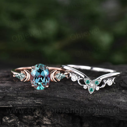 Oval Alexandrite ring vintage moon unique engagement ring rose gold kite moss agate emerald moissanite anniversary wedding ring set women