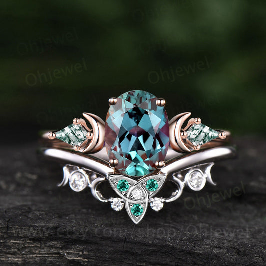Oval Alexandrite ring vintage moon unique engagement ring rose gold kite moss agate emerald moissanite anniversary wedding ring set women