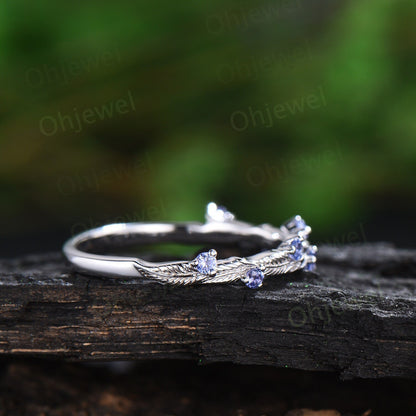 Natural Tanzanite ring vintage half eternity nature inspired leaf wedding band solid 14k white gold anniversary ring gift gemstone women