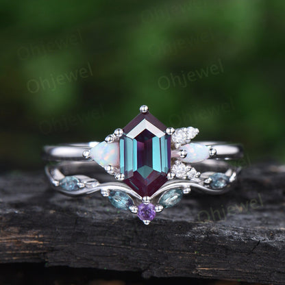 Vintage Long hexagon alexandrite engagement ring opal amethyst ring 14k white gold cluster moissanite anniversary wedding bridal set women