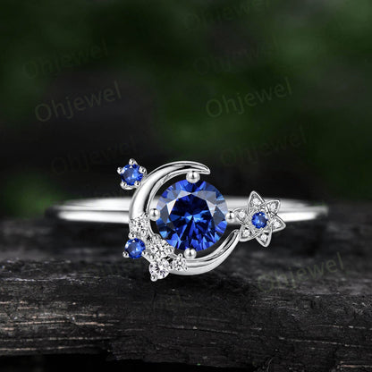 Vintage round blue sapphire engagement ring solid 14k gold cluster moon star diamond ring women flower unique wedding promise ring gift