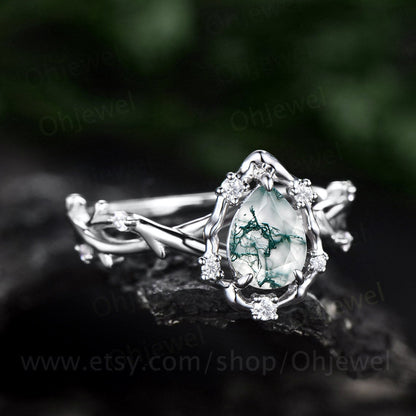 Pear moss agate ring vintage halo leaf branch nature inspired engagement ring white gold Twisted infinity diamond anniversary ring women