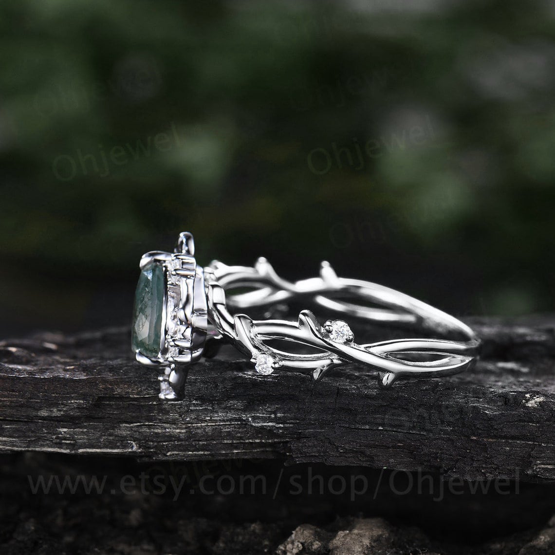 Pear moss agate ring vintage halo leaf branch nature inspired engagement ring white gold Twisted inifinity diamond anniversary ring women