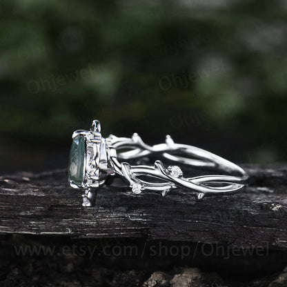 Pear moss agate ring vintage halo leaf branch nature inspired engagement ring white gold Twisted infinity diamond anniversary ring women