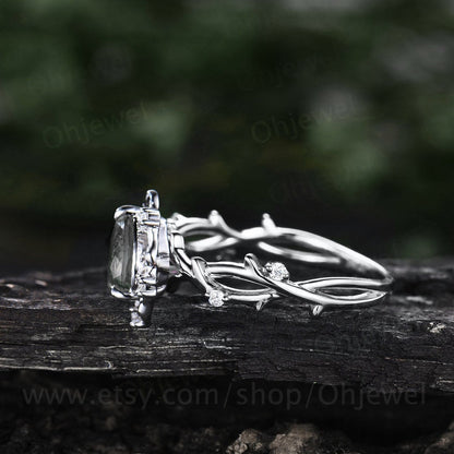 Pear black rutilated quartz ring vintage halo leaf branch nature inspired engagement ring white gold Twisted diamond anniversary ring women