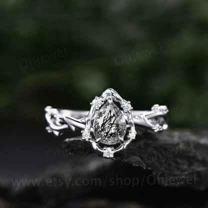 Pear black rutilated quartz ring vintage halo leaf branch nature inspired engagement ring white gold Twisted diamond anniversary ring women