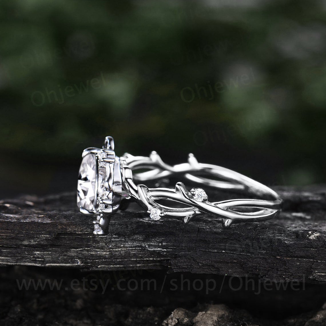 Pear moissanite ring vintage halo leaf branch nature inspired unique engagement ring 14k white gold Twisted diamond anniversary ring women