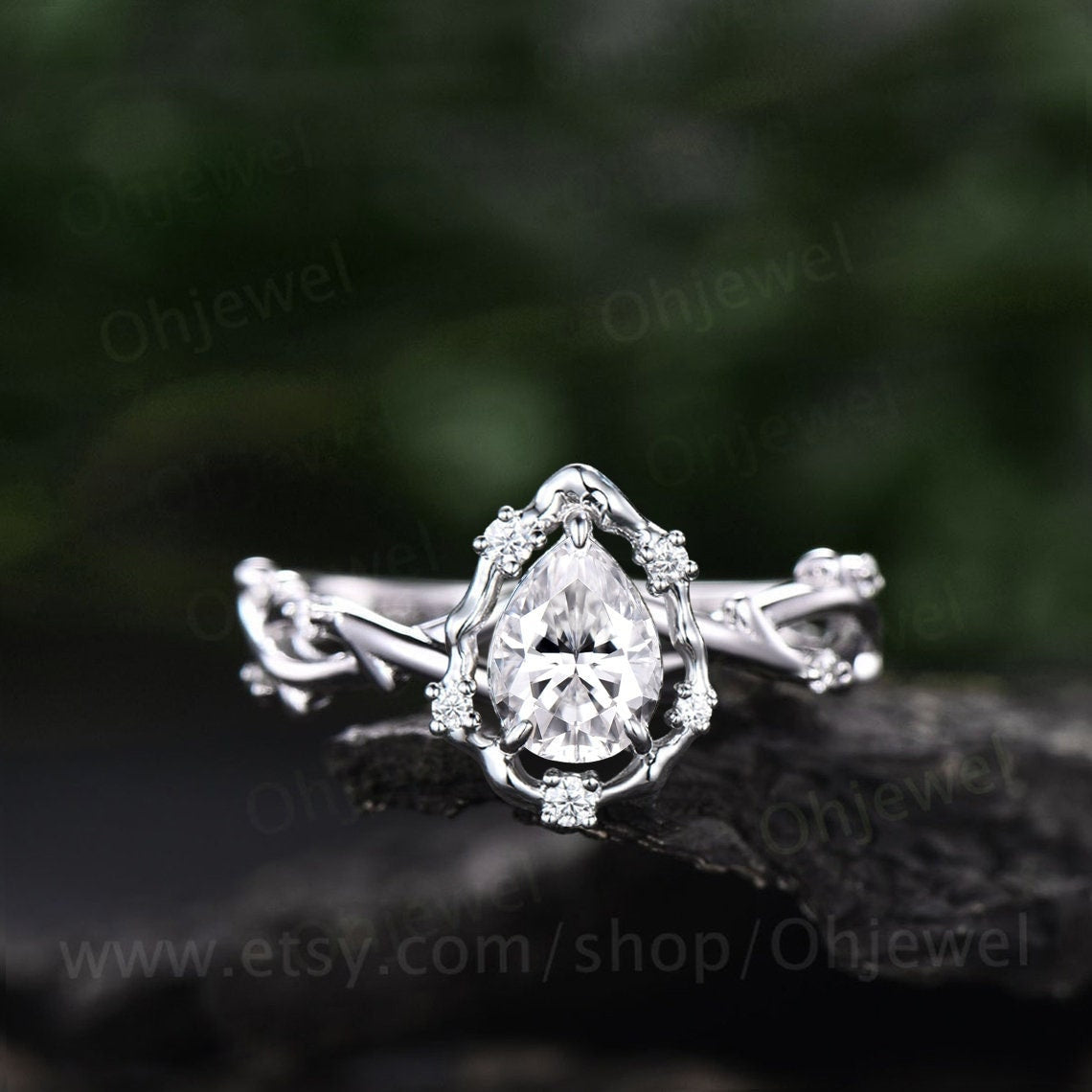 Pear moissanite ring vintage halo leaf branch nature inspired unique engagement ring 14k white gold Twisted diamond anniversary ring women