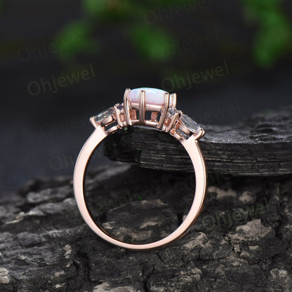 Vintage hexagon cut white opal engagement ring 14k rose gold marquise moonstone ring women dainty alexandrite bridal anniversary ring gift