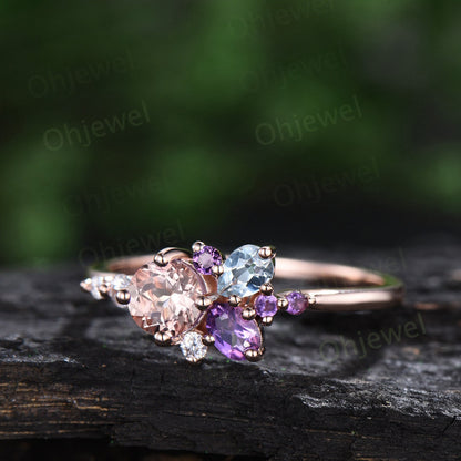 Round natural morganite ring rose gold vintage cluster amethyst ring pear aquamarine ring vintage dainty unique engagement ring women gift