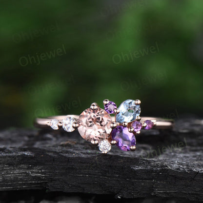 Round natural morganite ring rose gold vintage cluster amethyst ring pear aquamarine ring vintage dainty unique engagement ring women gift