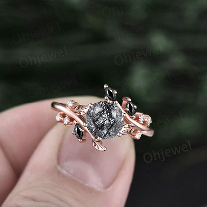 Vintage round black rutilated quartz engagement ring women art deco leaf rose gold nature inspired moissanite wedding anniversary ring gift