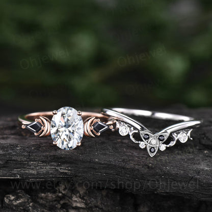 Vintage oval cut moissanite engagement ring set solid 14k rose gold kite black spinel moon antique unique anniversary wedding ring set women