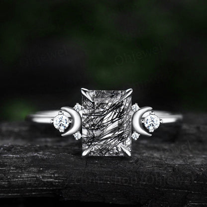 Vintage emerald cut black rutilated quartz engagement ring solid 14k rose gold moon ring cluster diamond promise anniversary ring for women