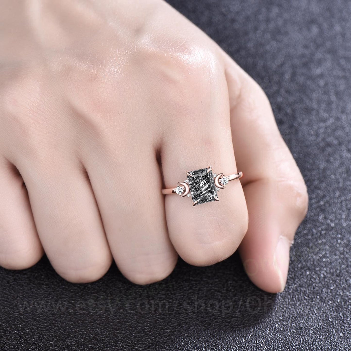 Vintage emerald cut black rutilated quartz engagement ring solid 14k rose gold moon ring cluster diamond promise anniversary ring for women