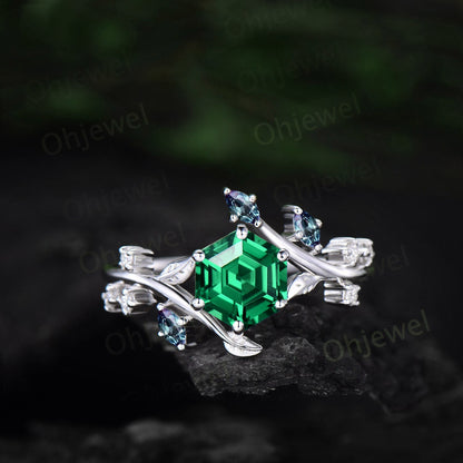 Vintage Hexagon green garnet engagement ring rose gold silver cluster Alexandrite ring leaf nature inspired unique bridal wedding ring women