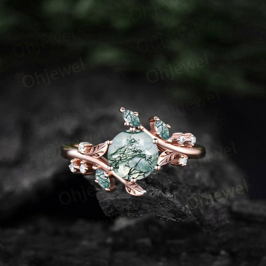 Round moss agate engagement ring rose gold leaf nature inspired cluster diamond ring handmade unique anniversary wedding promise ring women