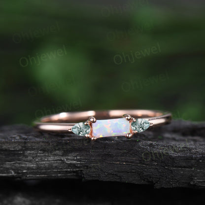 Dainty Baguette cut white opal ring vintage three stone pear amethyst ring 14k rose gold unique engagement ring women anniversary ring gift