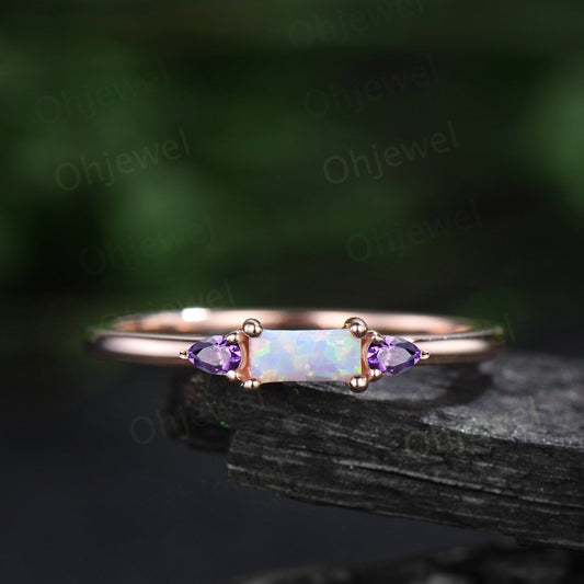Dainty Baguette cut white opal ring vintage three stone pear amethyst ring 14k rose gold unique engagement ring women anniversary ring gift