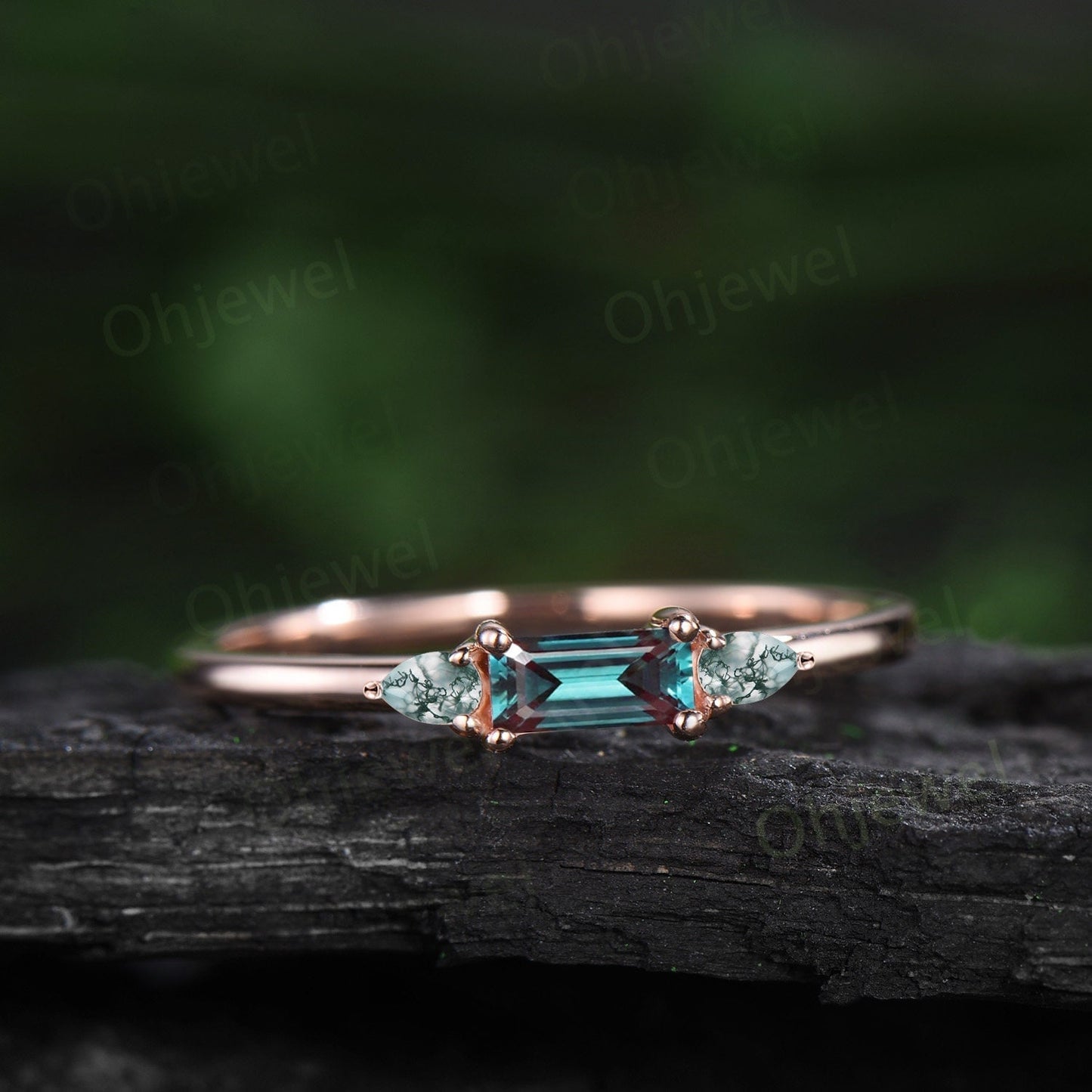 Dainty Baguette cut alexandrite ring vintage three stone pear moss agate ring rose gold unique engagement ring women anniversary ring gift