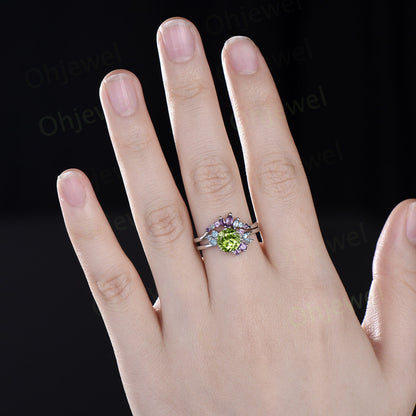 Vintage round peridot engagement ring 14k white gold snowdrift cluster amethyst topaz ring women gemstone crystal ring unique wedding ring