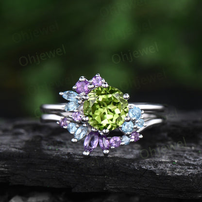 Vintage round peridot engagement ring 14k white gold snowdrift cluster amethyst topaz ring women gemstone crystal ring unique wedding ring
