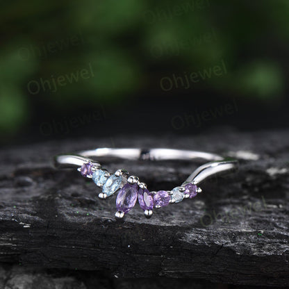 Round Lavender Amethyst engagement ring white gold 6 prong cluster blue topaz amethyst ring women stacking bridal set birthstone gift her