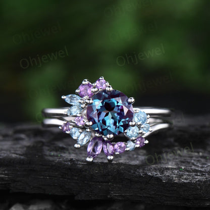 Vintage round Alexandrite engagement ring white gold snowdrift cluster amethyst topaz ring women gemstone crystal ring unique wedding ring