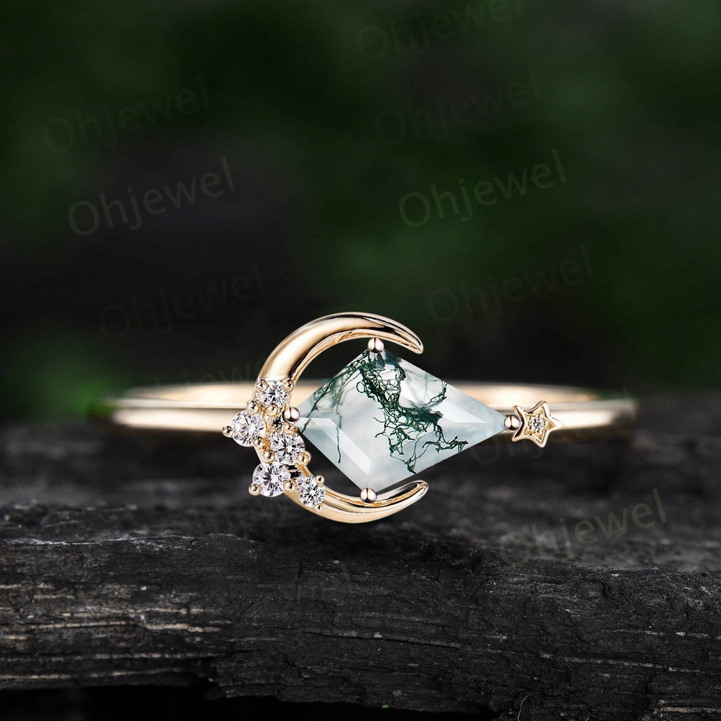 Kite cut moss agate ring vintage cluster diamond ring rose gold east to west moon star engagement ring moissanite unique wedding ring women