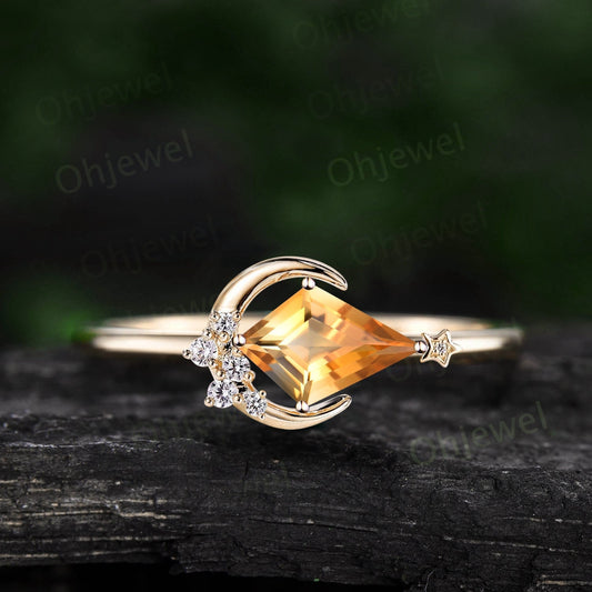 Kite cut yellow citrine ring vintage cluster diamond ring gold east to west moon star engagement ring moissanite unique wedding ring women