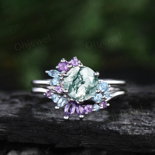 Vintage round moss agate engagement ring white gold snowdrift cluster amethyst topaz ring women gemstone crystal ring unique wedding ring
