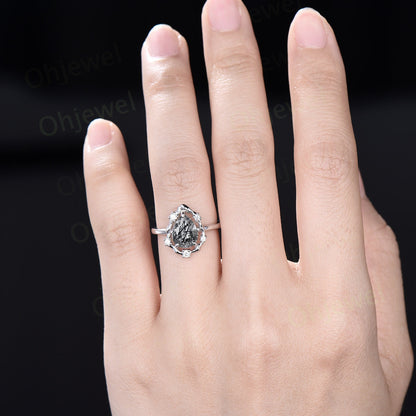 Vintage pear black rutilated quartz engagement ring leaf Nature inspired halo cluster diamond ring women white gold branch wedding ring gift